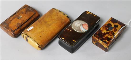 An early 19th century horn and tortoiseshell snuff box inset with a miniature and a tortoiseshell casket